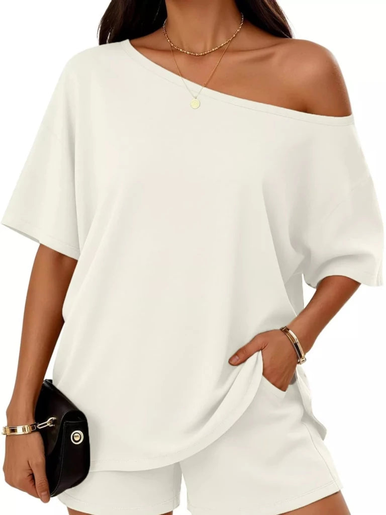 White boat neck tee and shorts set