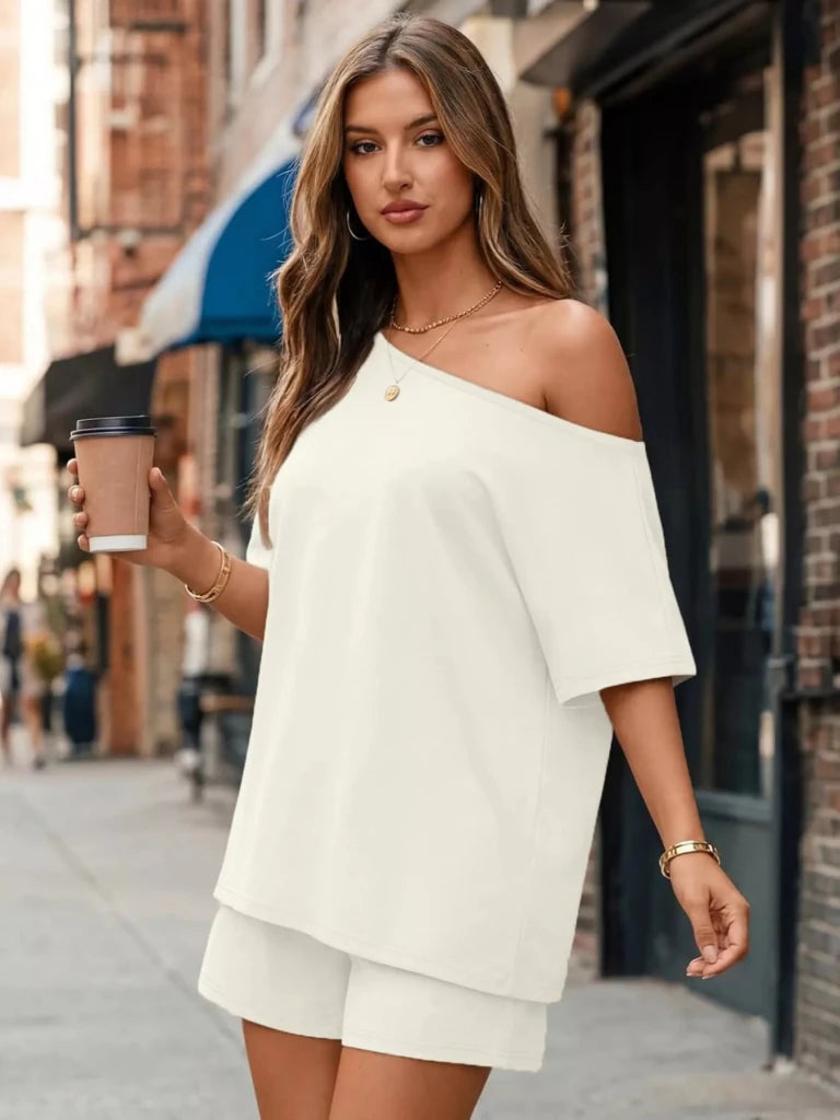 White boat neck tee and shorts set, view 4
