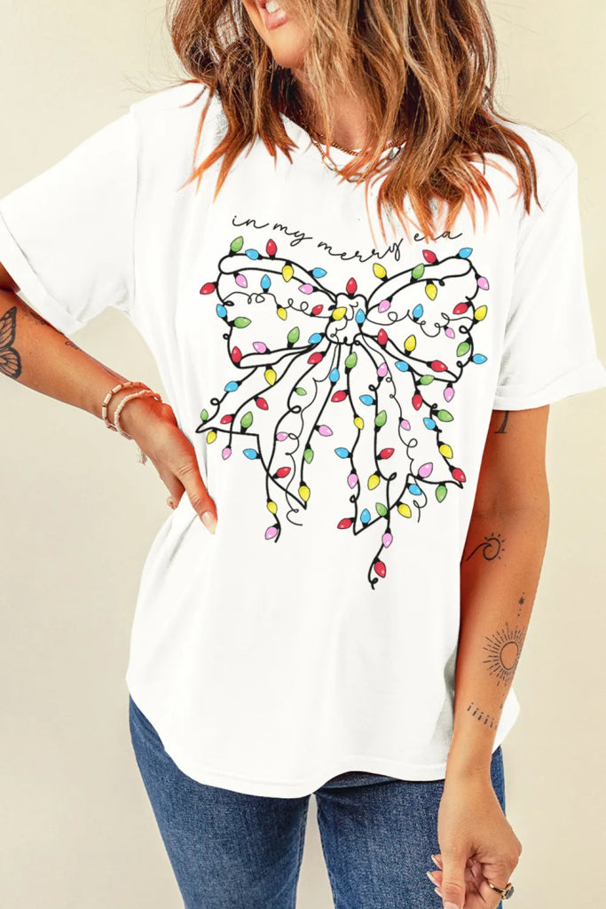 Full Size Bow Round Neck Short Sleeve T-Shirt - White by Trendsi from FREYA’S CLOSET