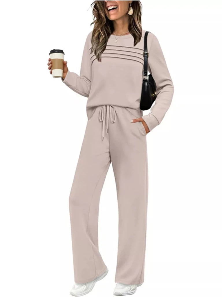 Apricot long sleeve crewneck top and drawstring pants set