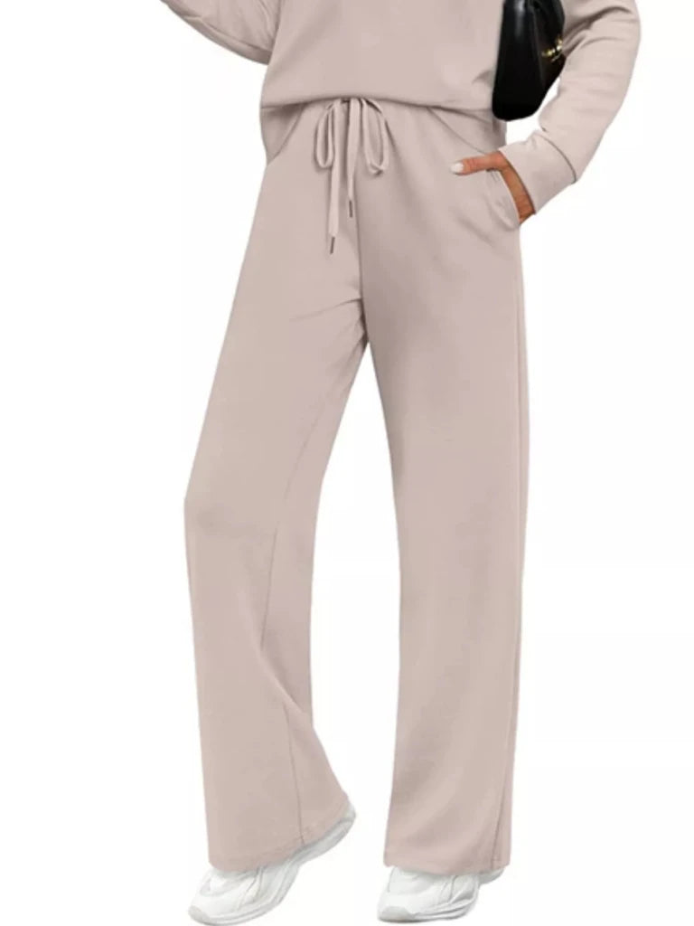 Apricot long sleeve crewneck top and drawstring pants set, view 3