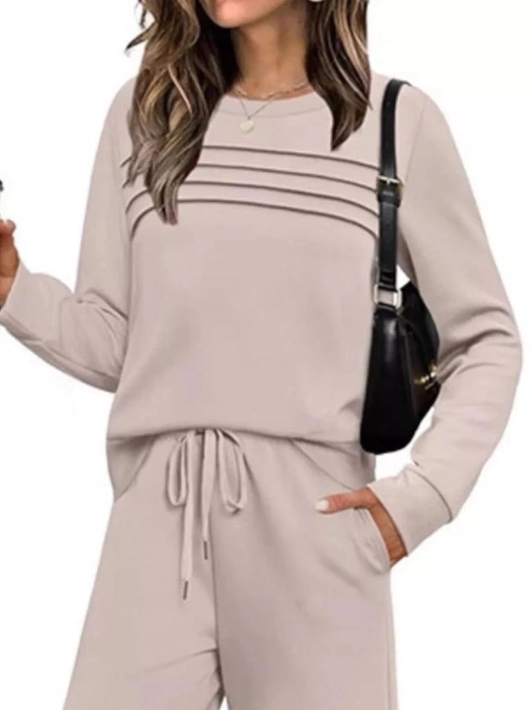 Apricot long sleeve crewneck top and drawstring pants set, view 2