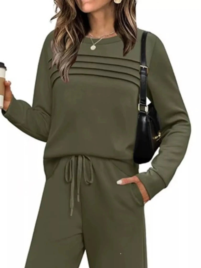 Army green long sleeve crewneck top and drawstring pants set, view 2