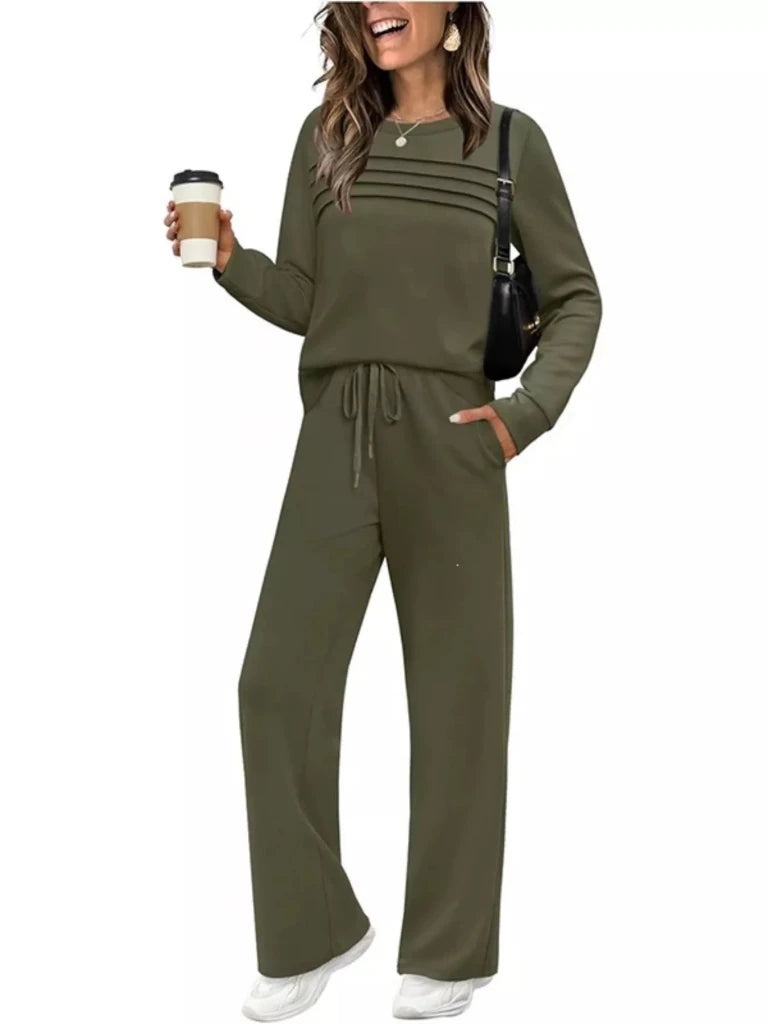 Army green long sleeve crewneck top and drawstring pants set