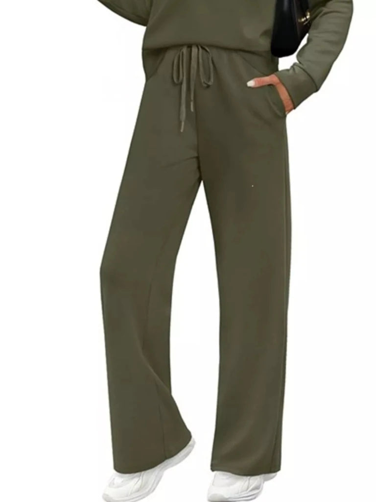 Army green long sleeve crewneck top and drawstring pants set, view 3
