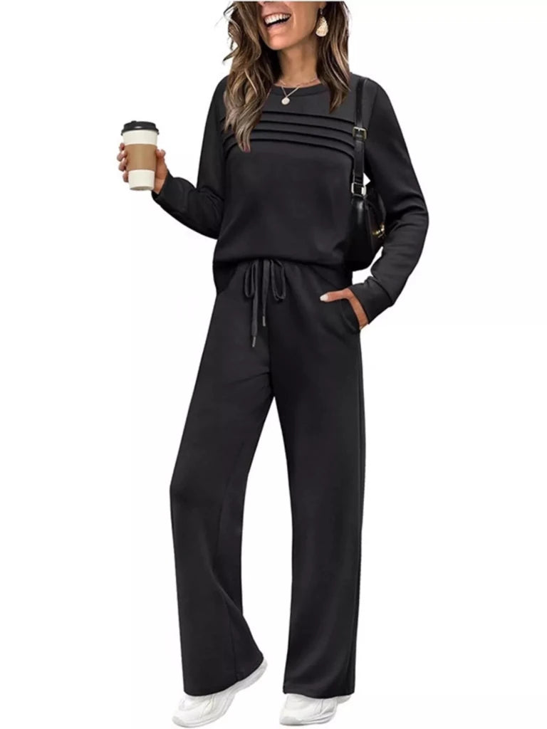 Black long sleeve crewneck top and drawstring pants set