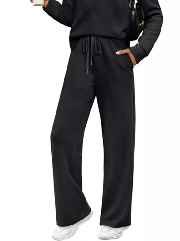 Black long sleeve crewneck top and drawstring pants set, view 3