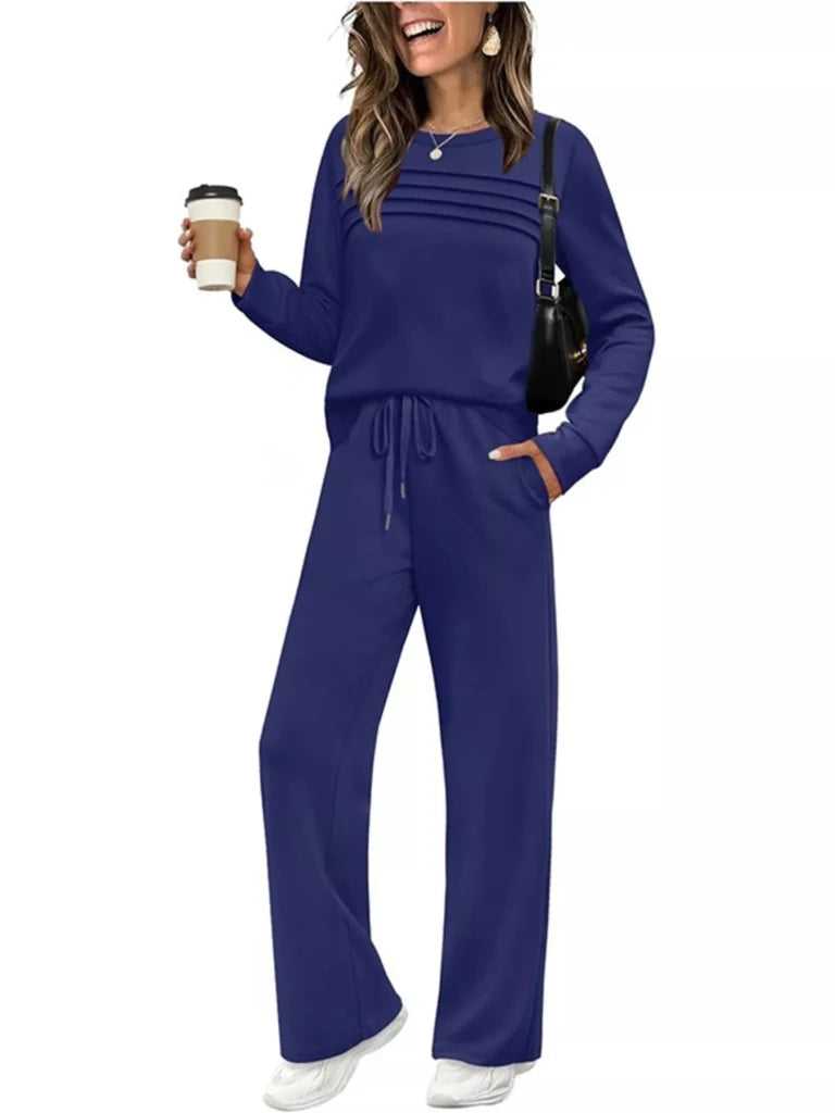 Dark blue long sleeve crewneck top and drawstring pants set