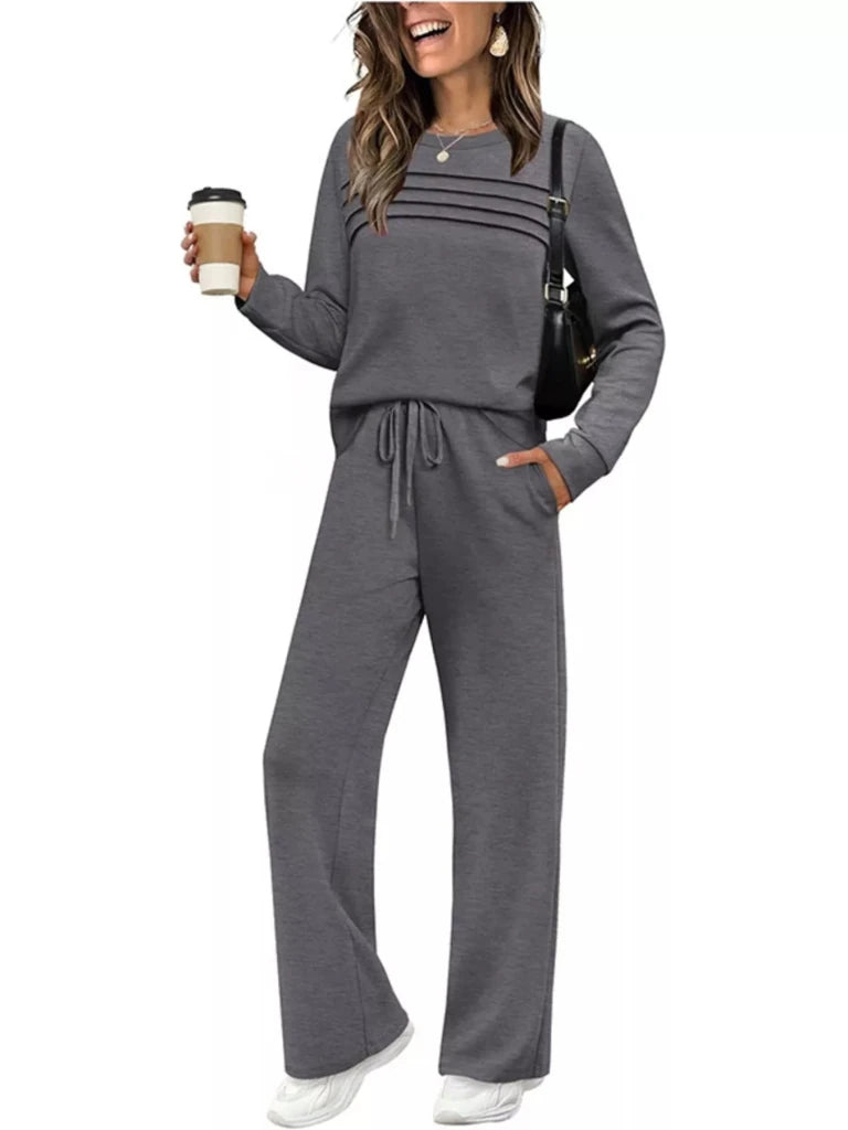 Dark gray long sleeve crewneck top and drawstring pants set