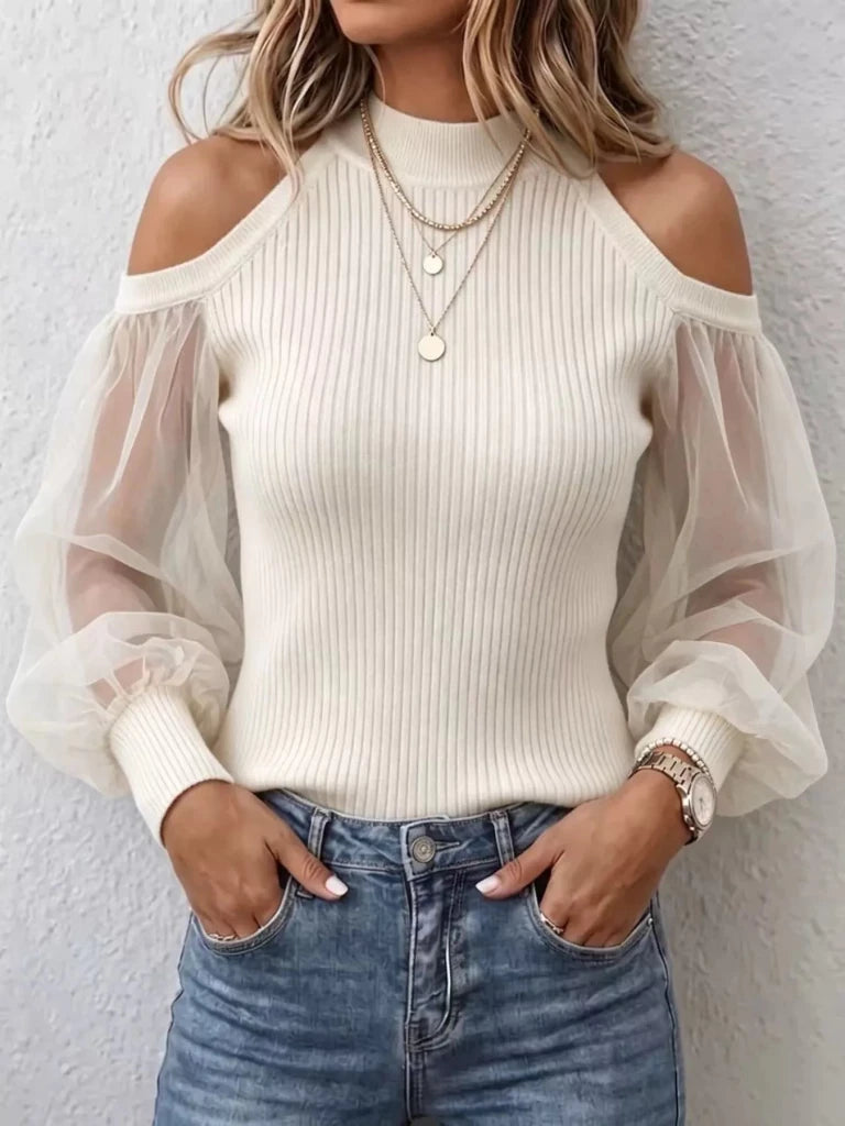 Beige cold shoulder top with sheer mesh sleeves