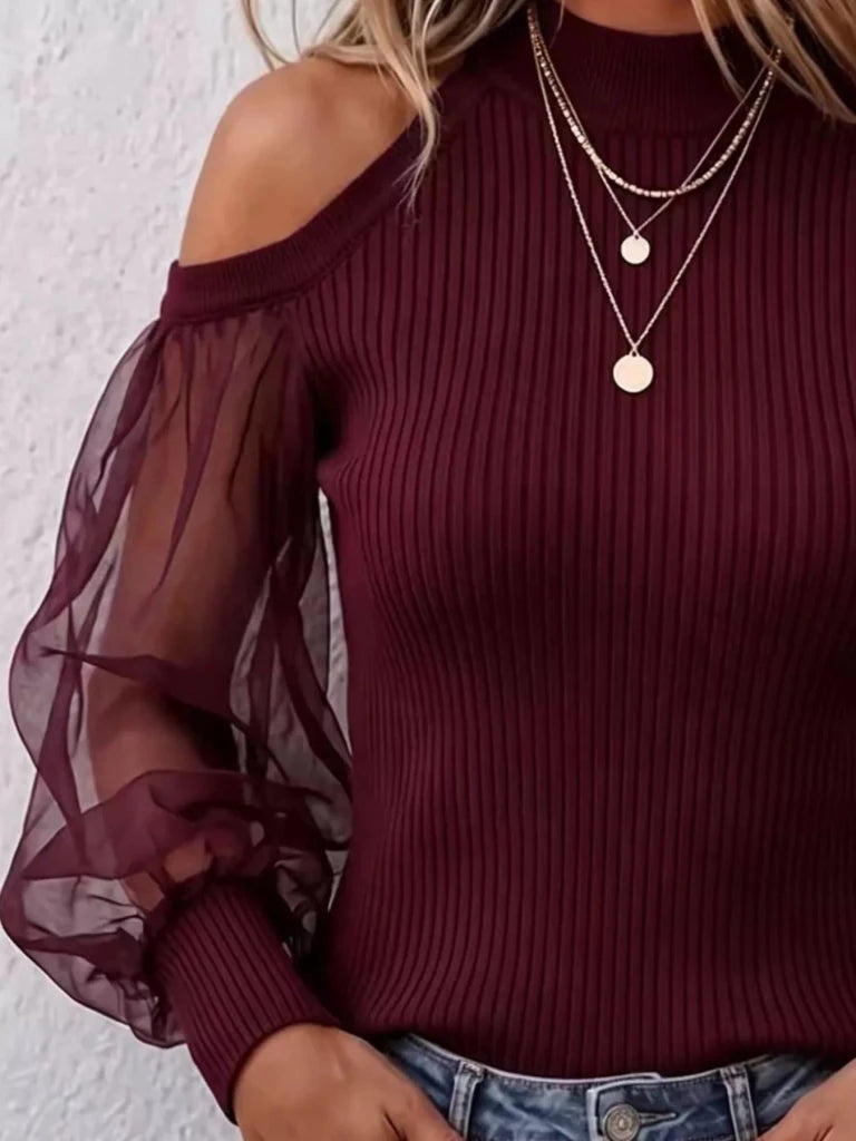 Burgundy cold shoulder top with sheer mesh sleeves, view 2