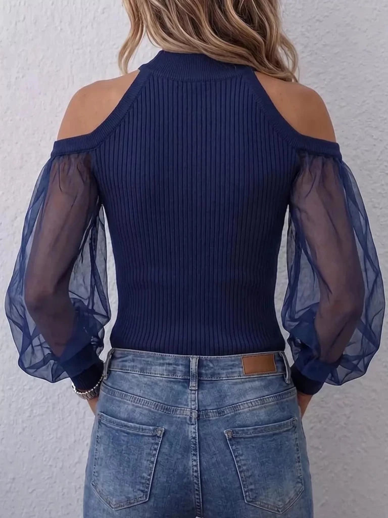 Dark blue cold shoulder top with sheer mesh sleeves, view 2