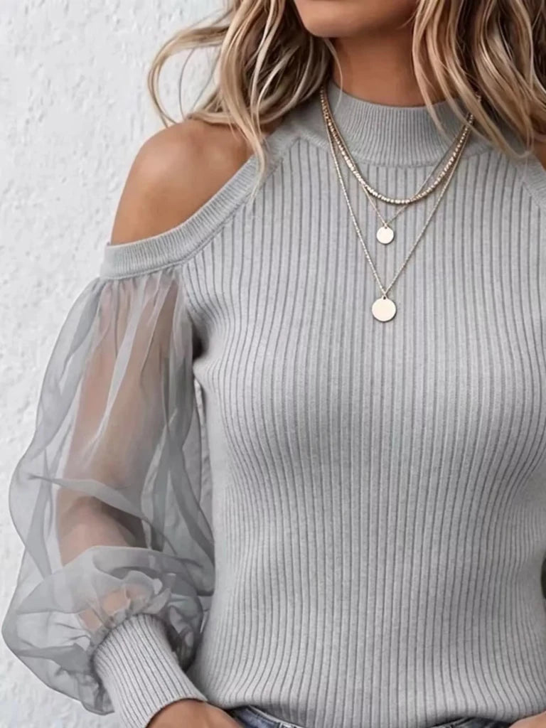 Light gray cold shoulder top with sheer mesh sleeves, view 2
