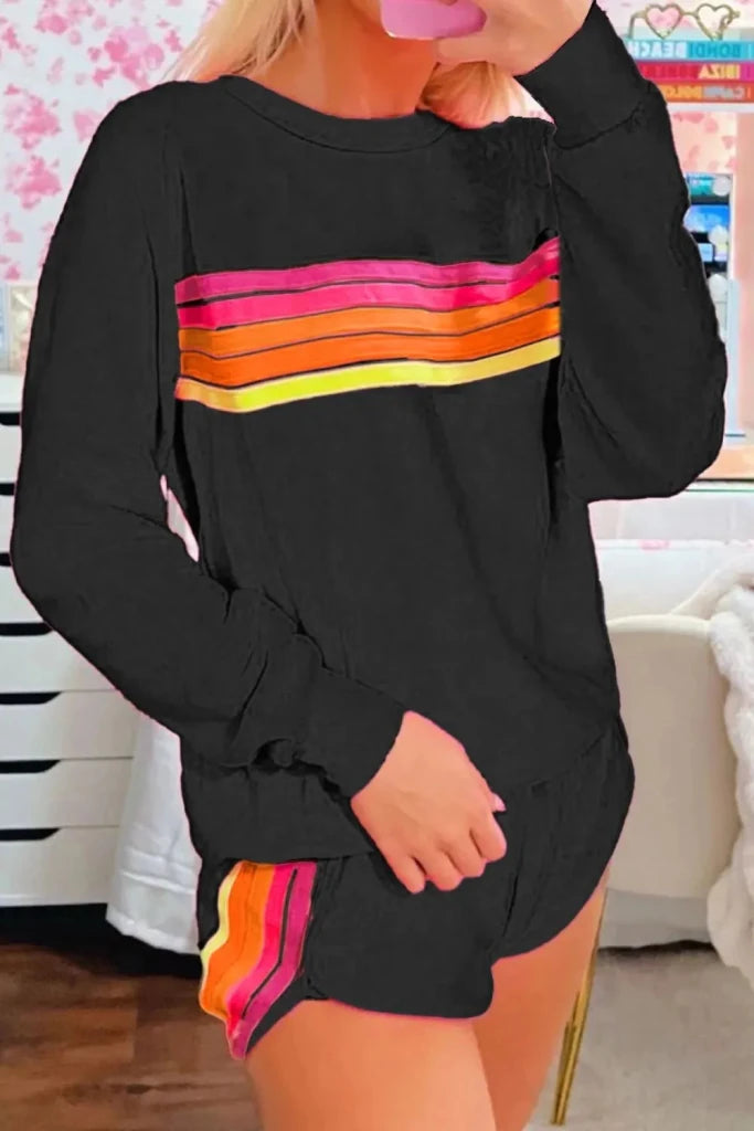 Contrast striped round neck top and shorts set, alternate product image