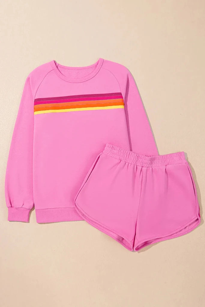 Contrast striped round neck top and shorts set, alternate product image