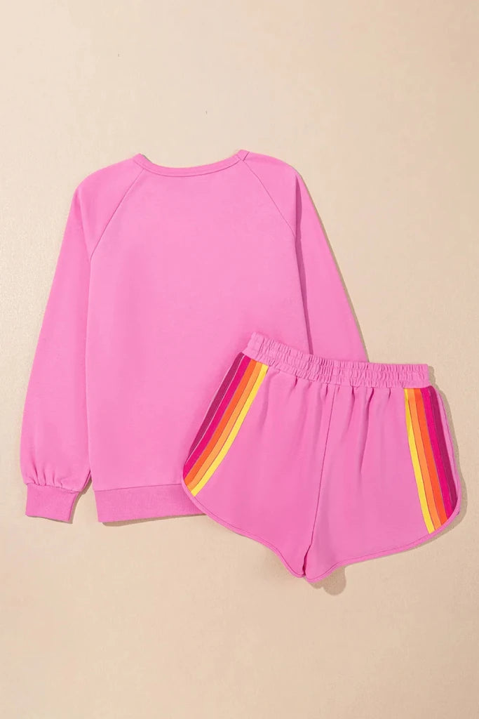 Contrast striped round neck top and shorts set, alternate product image