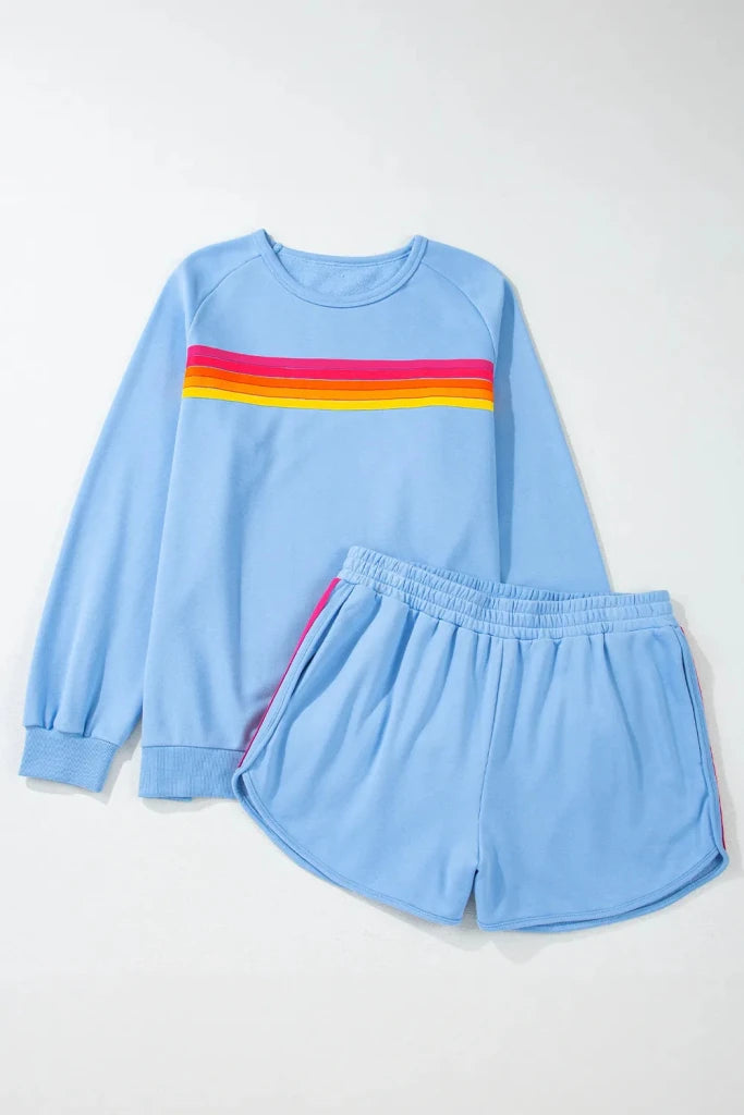 Contrast striped round neck top and shorts set, alternate product image