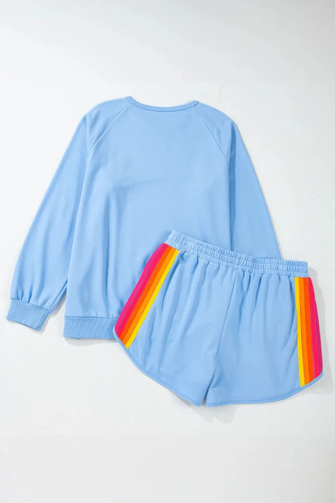 Contrast striped round neck top and shorts set, alternate product image