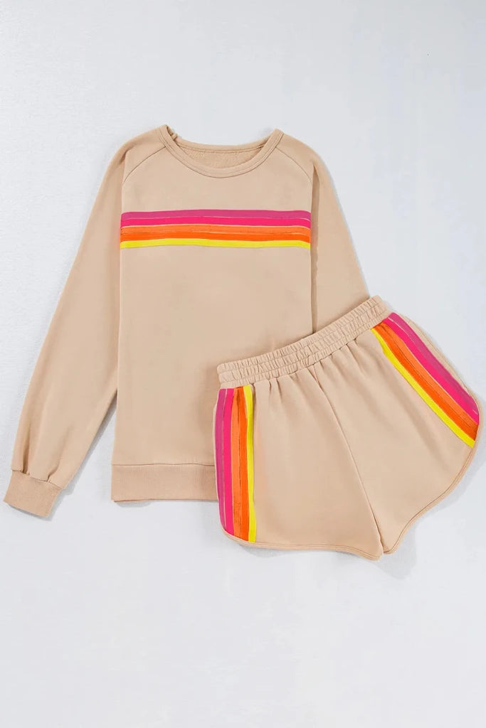 Contrast striped round neck top and shorts set, alternate product image