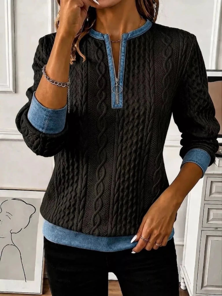 Denim contrast trim quarter-zip textured sweatshirt