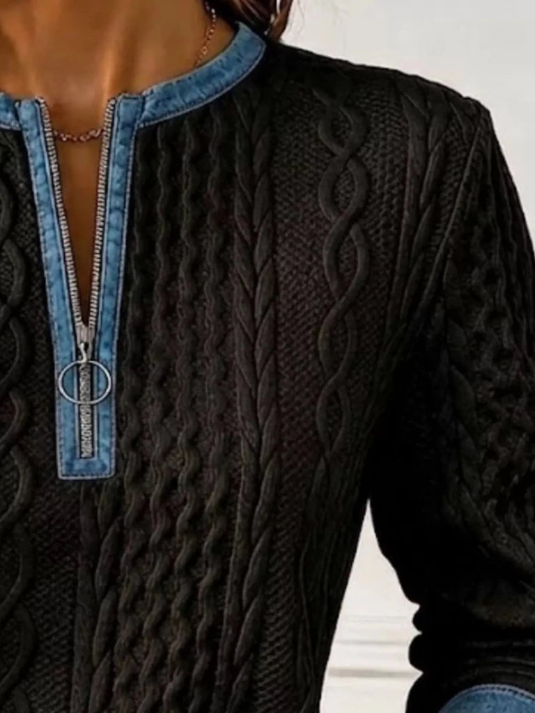 Denim contrast trim quarter-zip textured sweatshirt, alternate product image