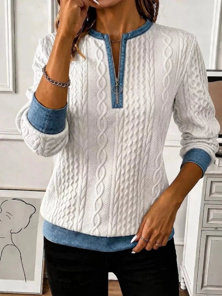 Denim contrast trim quarter-zip textured sweatshirt, alternate product image