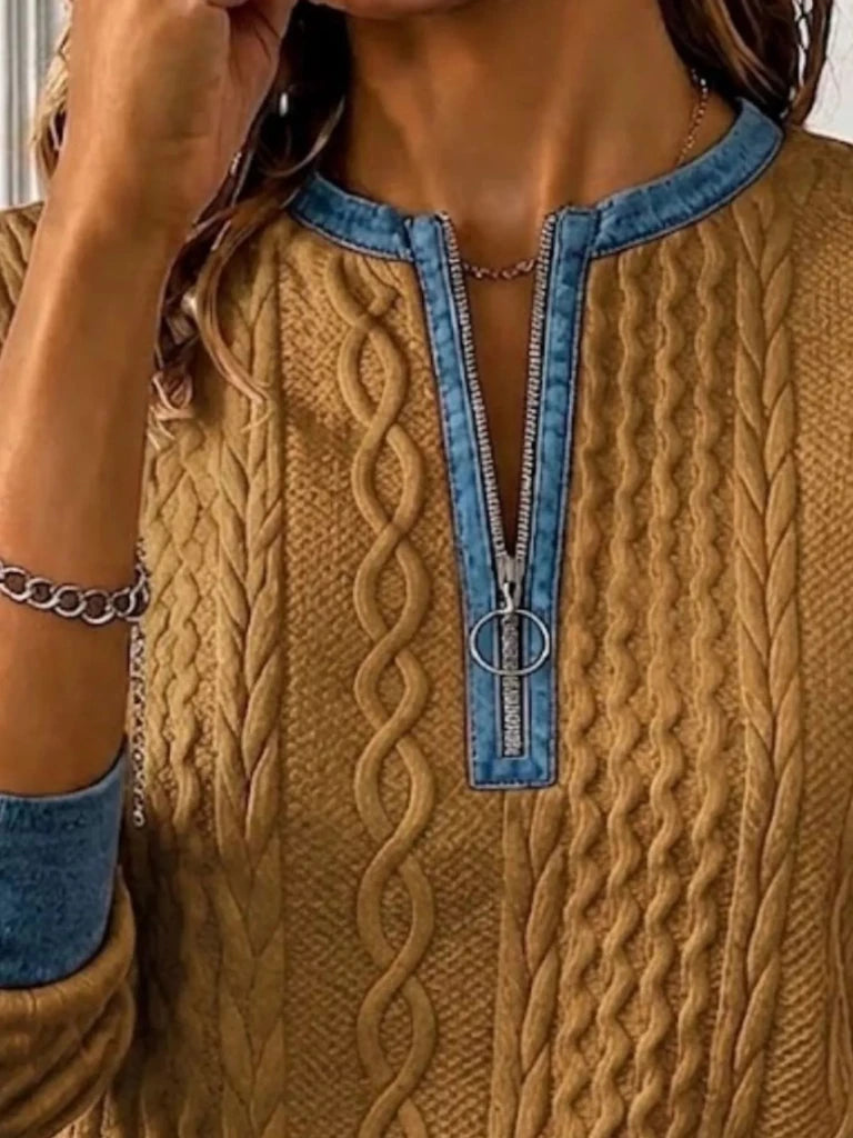 Denim contrast trim quarter-zip textured sweatshirt, alternate product image