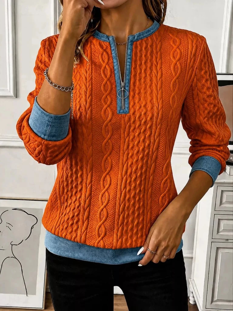 Denim contrast trim quarter-zip textured sweatshirt, alternate product image