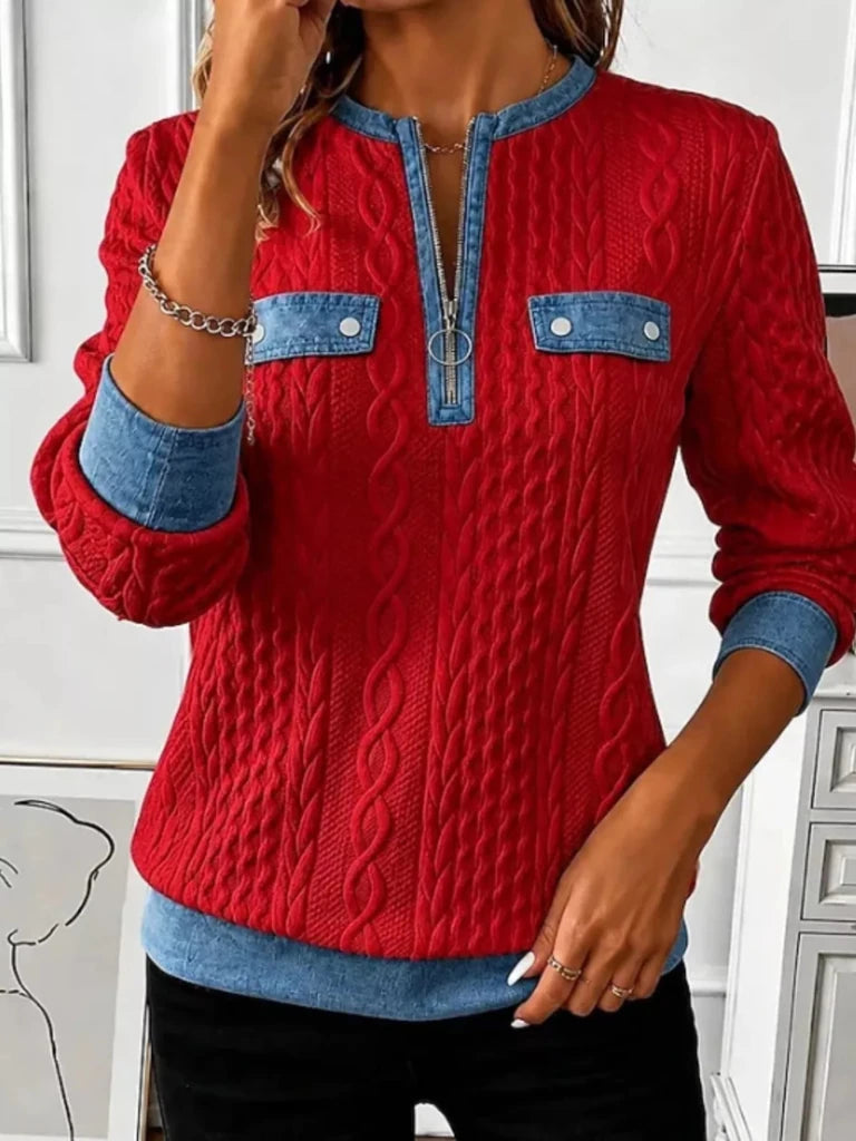 Denim contrast trim quarter-zip textured sweatshirt, alternate product image