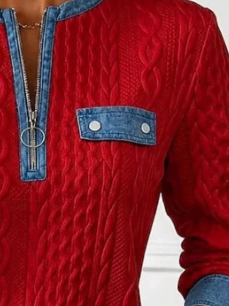 Denim contrast trim quarter-zip textured sweatshirt, alternate product image
