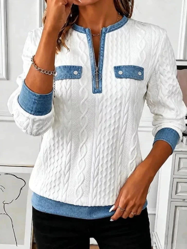 Denim contrast trim quarter-zip textured sweatshirt, alternate product image