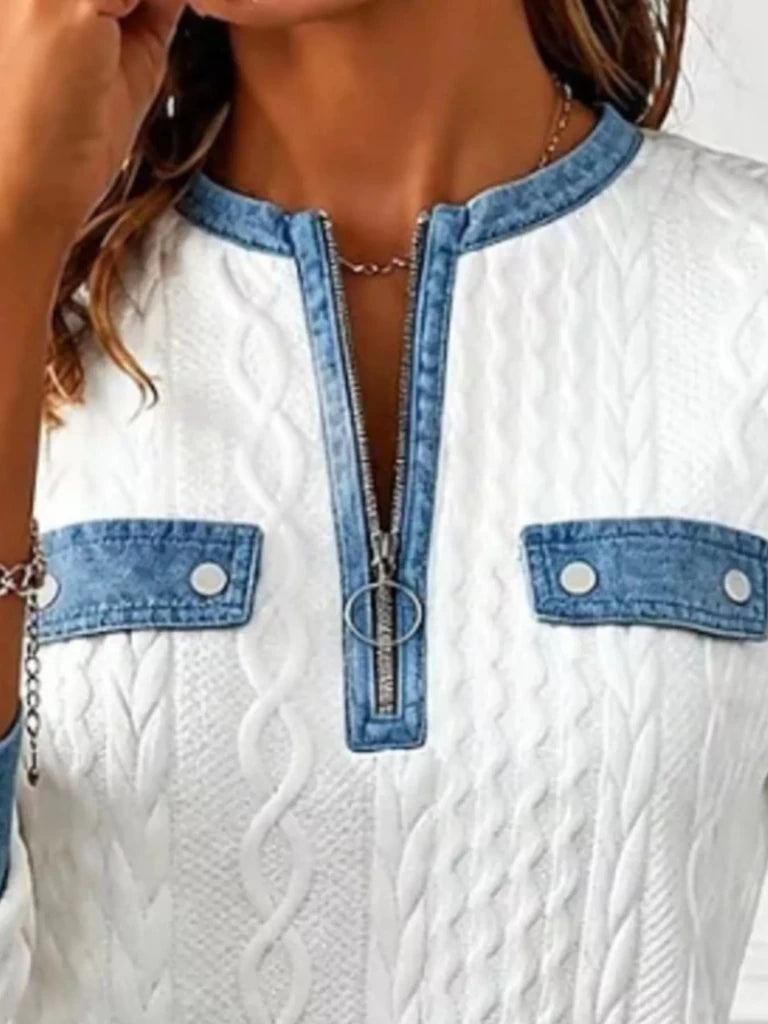 Denim contrast trim quarter-zip textured sweatshirt, alternate product image