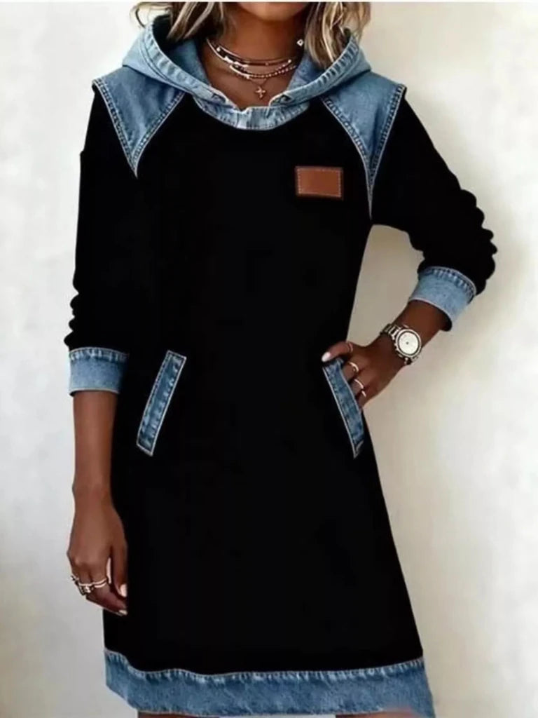 Denim patchwork hooded sweatshirt dress, alternate product image