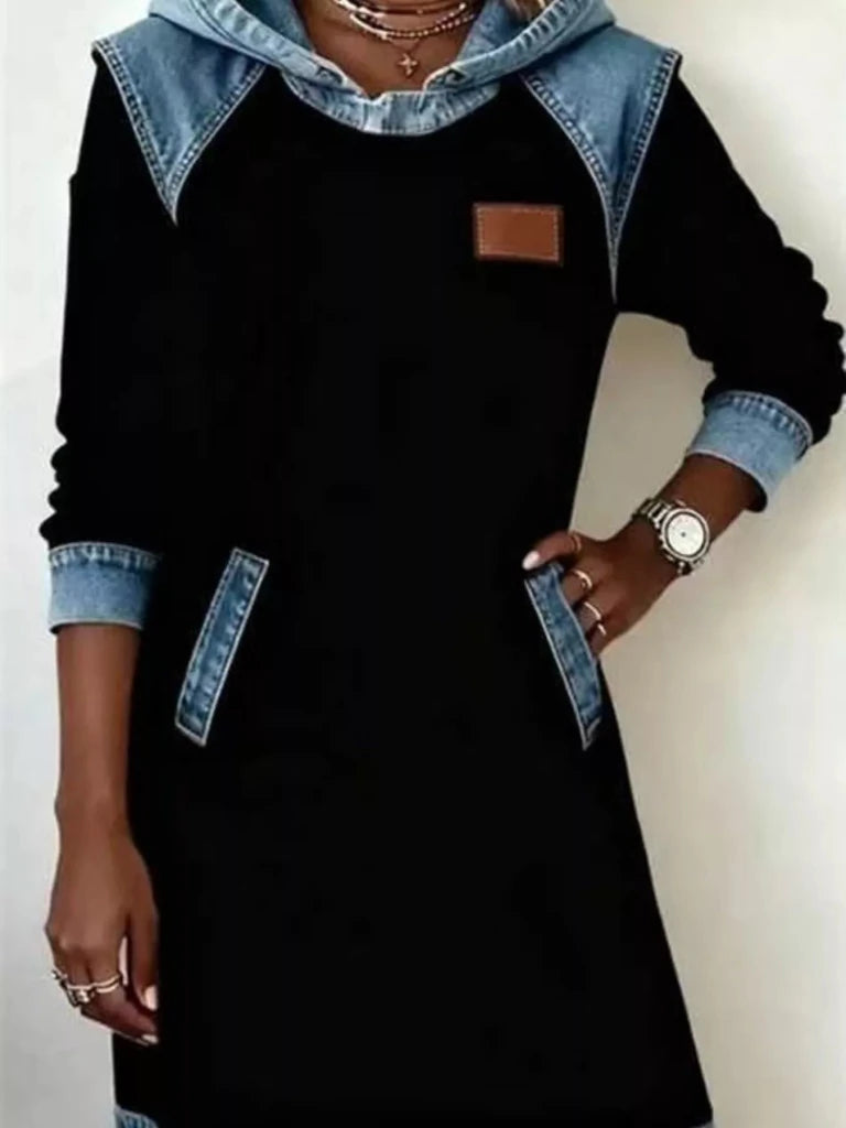 Denim patchwork hooded sweatshirt dress, alternate product image