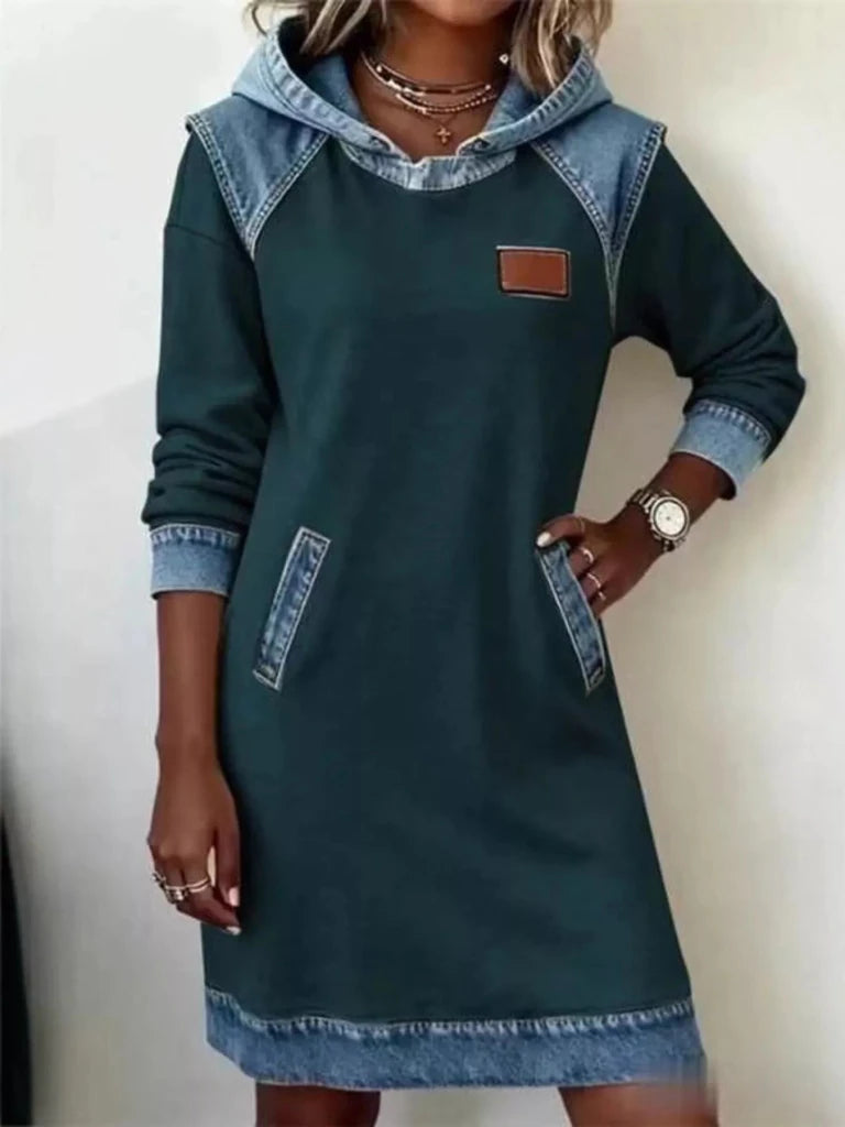 Denim patchwork hooded sweatshirt dress, alternate product image