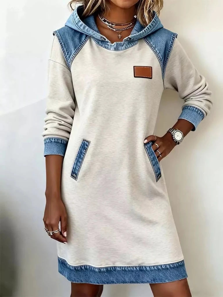 Denim patchwork hooded sweatshirt dress