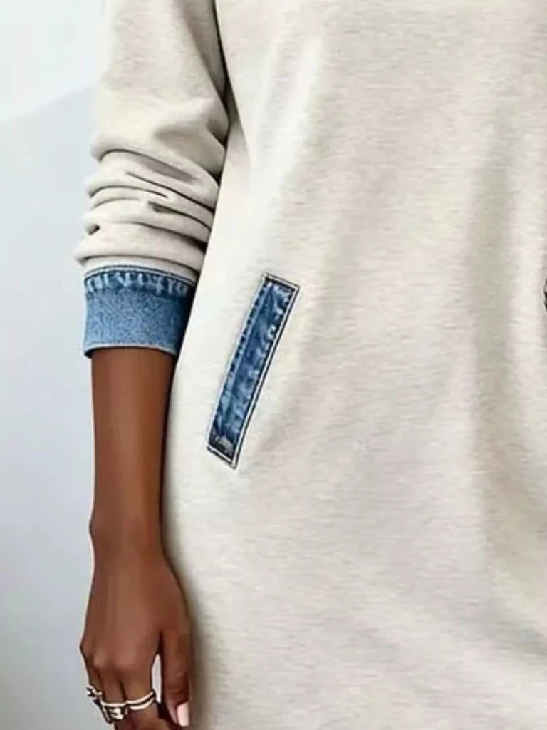 Denim patchwork hooded sweatshirt dress, alternate product image