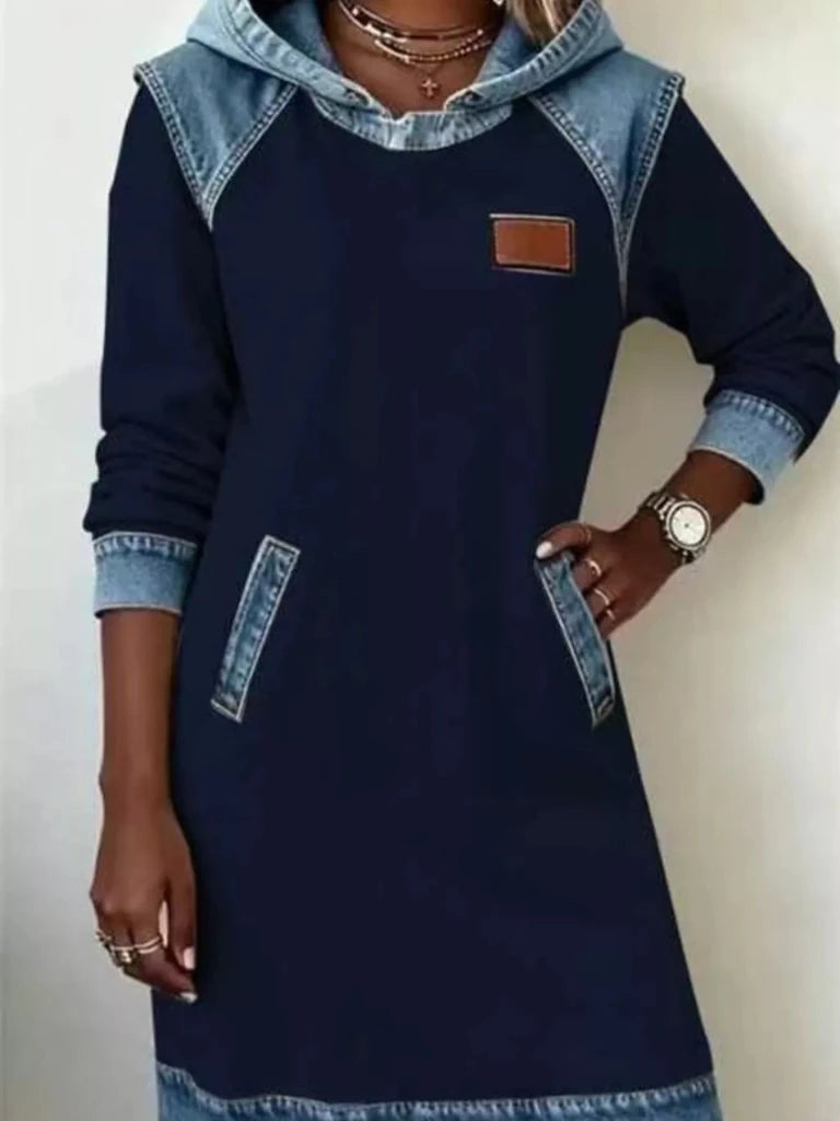 Denim patchwork hooded sweatshirt dress, alternate product image