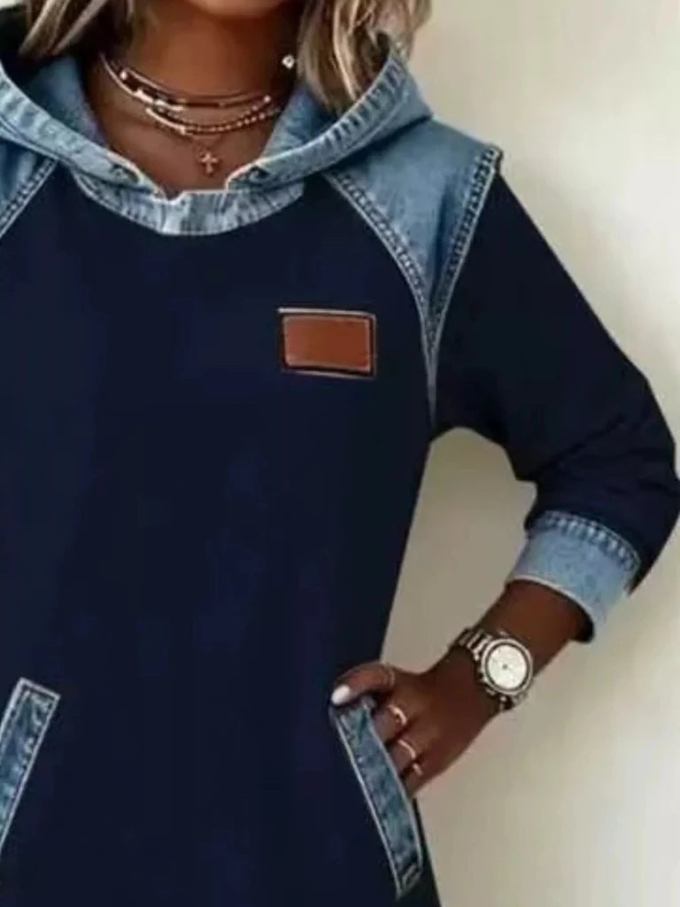 Denim patchwork hooded sweatshirt dress, alternate product image