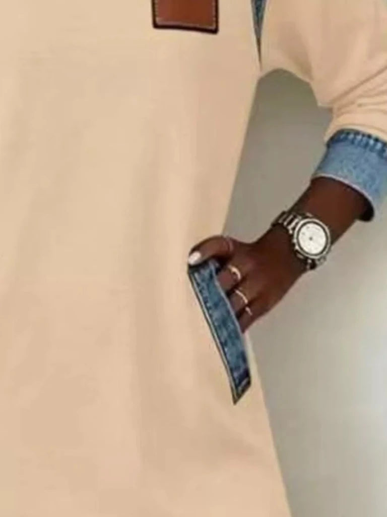 Denim patchwork hooded sweatshirt dress, alternate product image