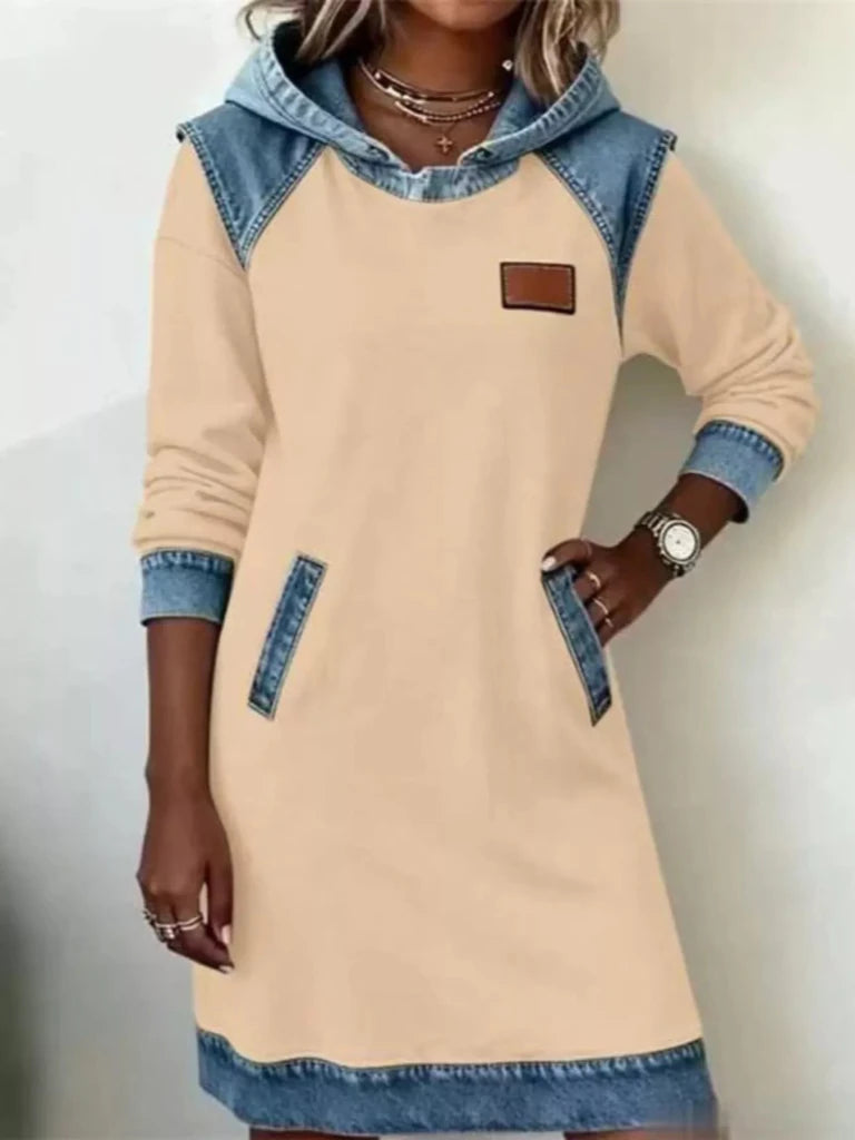 Denim patchwork hooded sweatshirt dress, alternate product image
