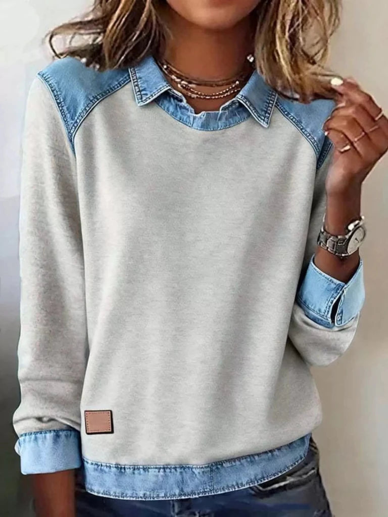 Denim trim long sleeve top, alternate product image