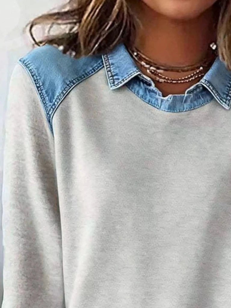 Denim trim long sleeve top, alternate product image