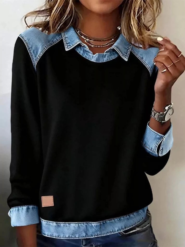 Denim trim long sleeve top, alternate product image