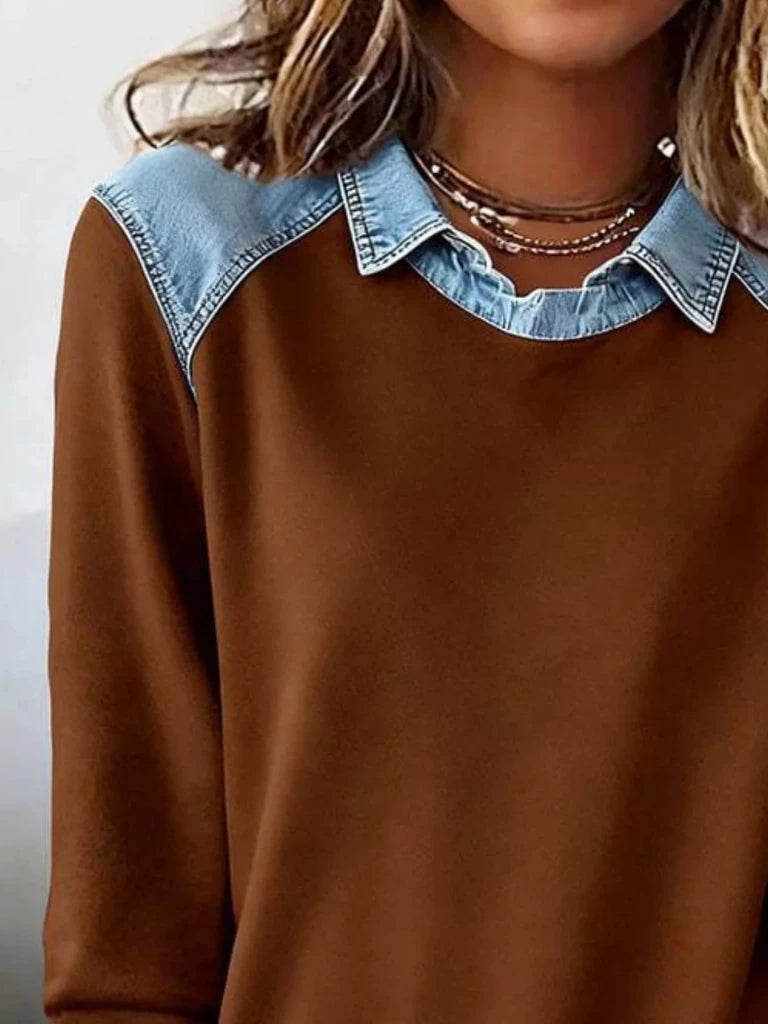 Denim trim long sleeve top, alternate product image