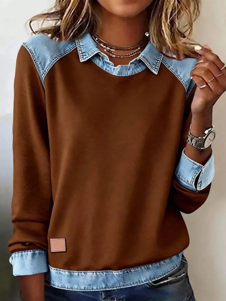 Denim trim long sleeve top, alternate product image