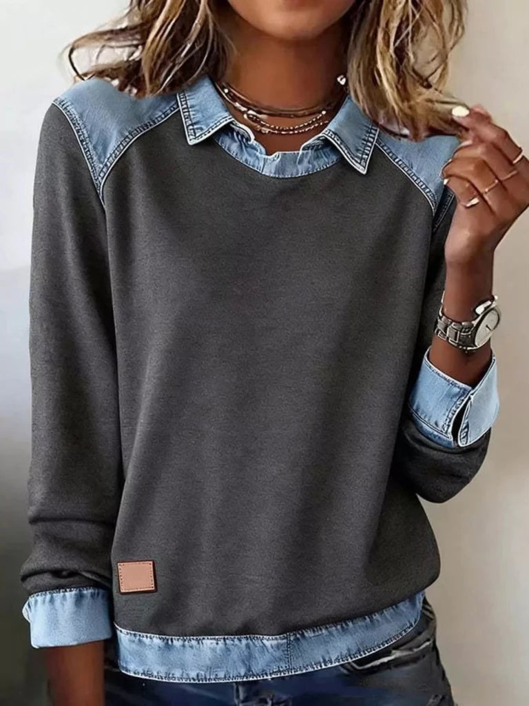 Denim trim long sleeve top, alternate product image