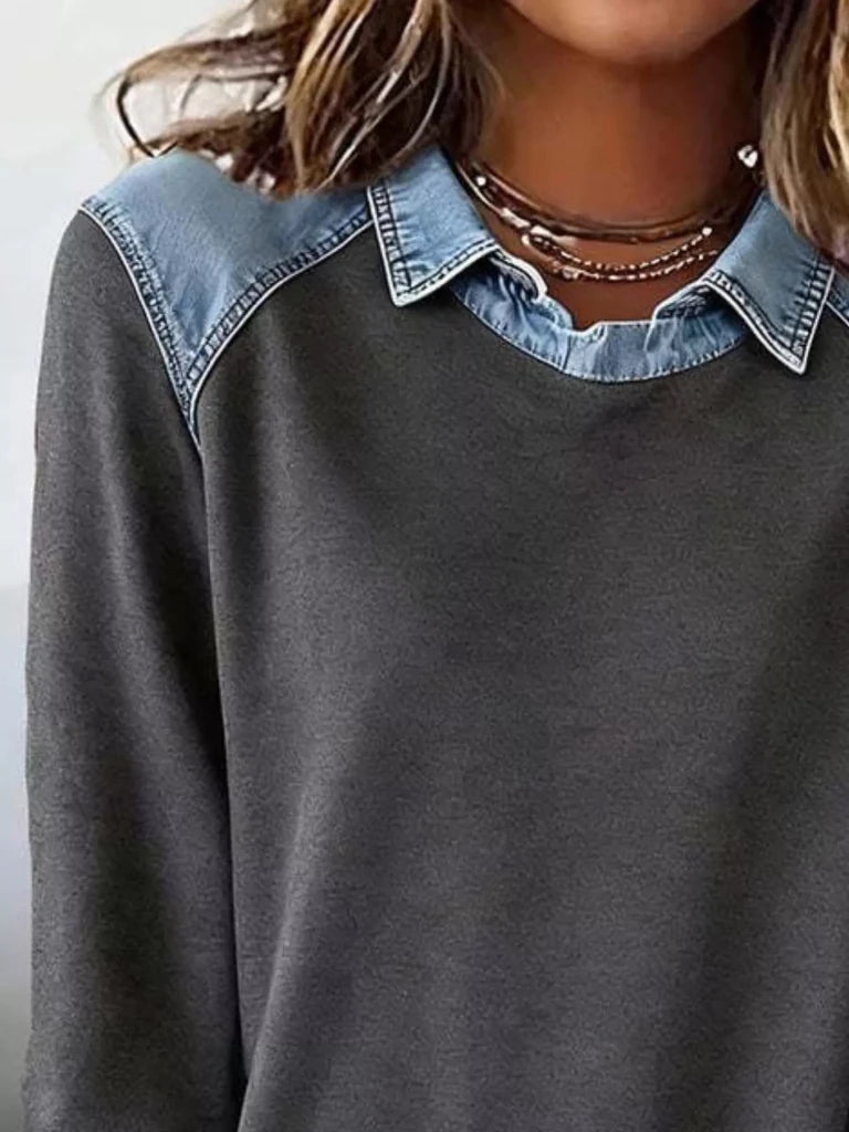 Denim trim long sleeve top, alternate product image