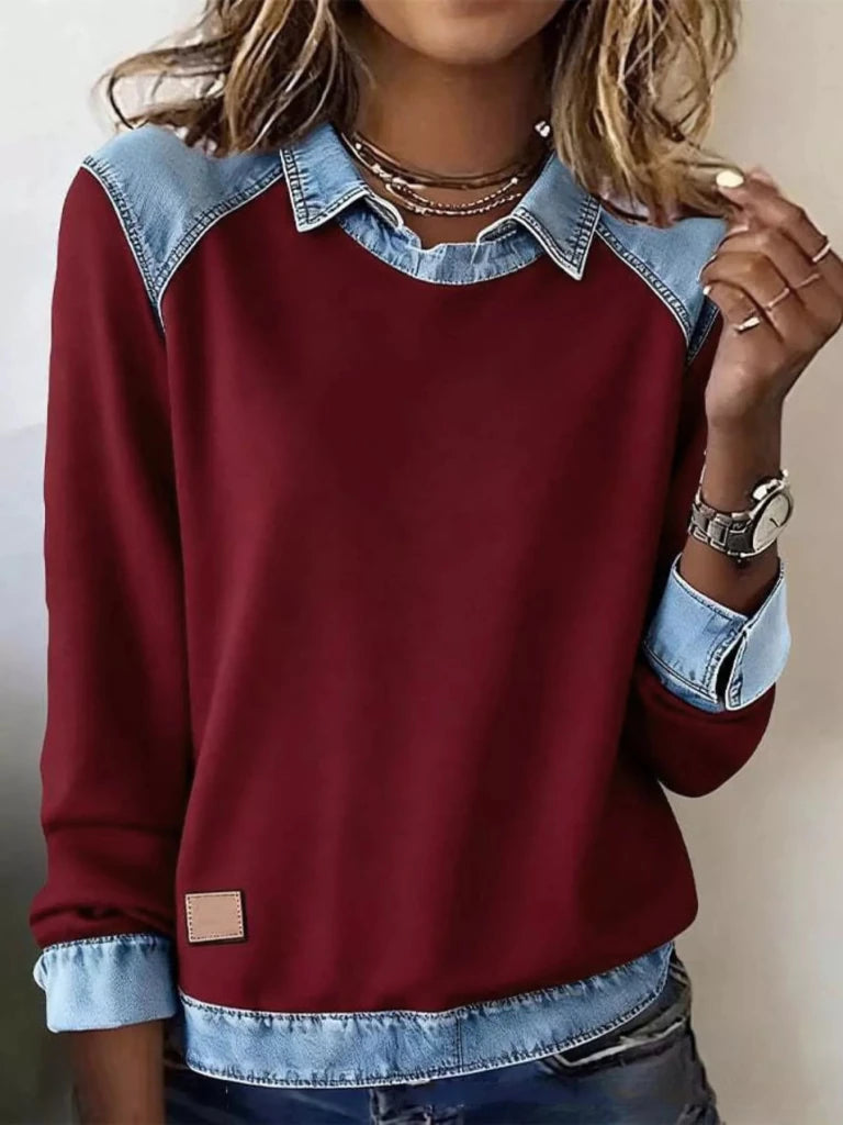 Denim trim long sleeve top, alternate product image
