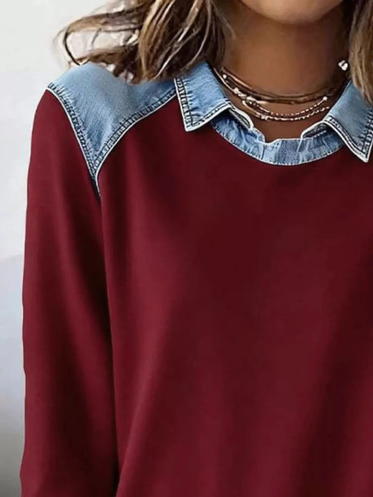 Denim trim long sleeve top, alternate product image